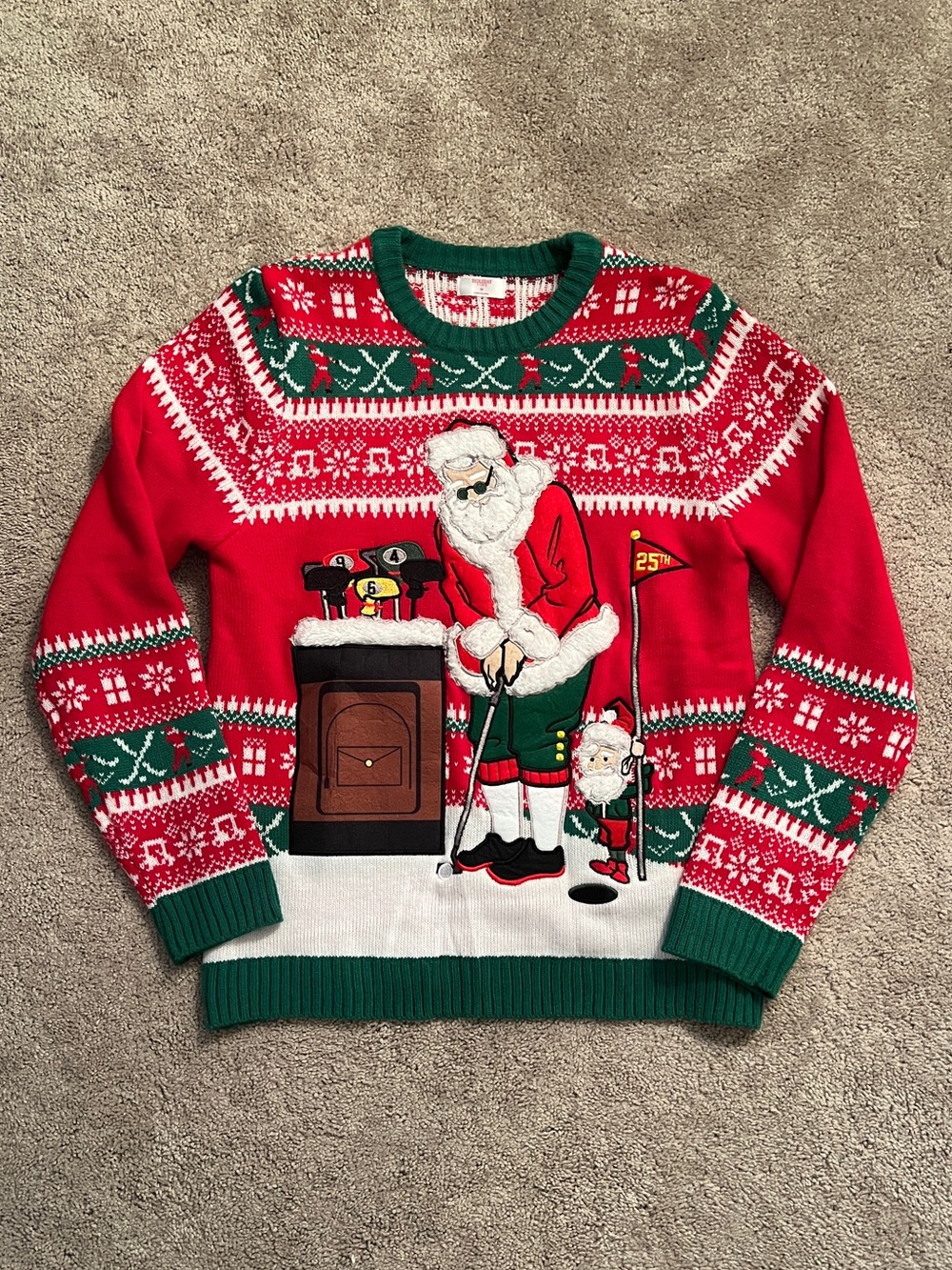 Holiday Time Red & Green Santa Golf Crewneck Sweater